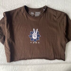 Vans Brown Tee with Peace Graphic Size Medium Cropped Worn by Robby on Cobra Kai